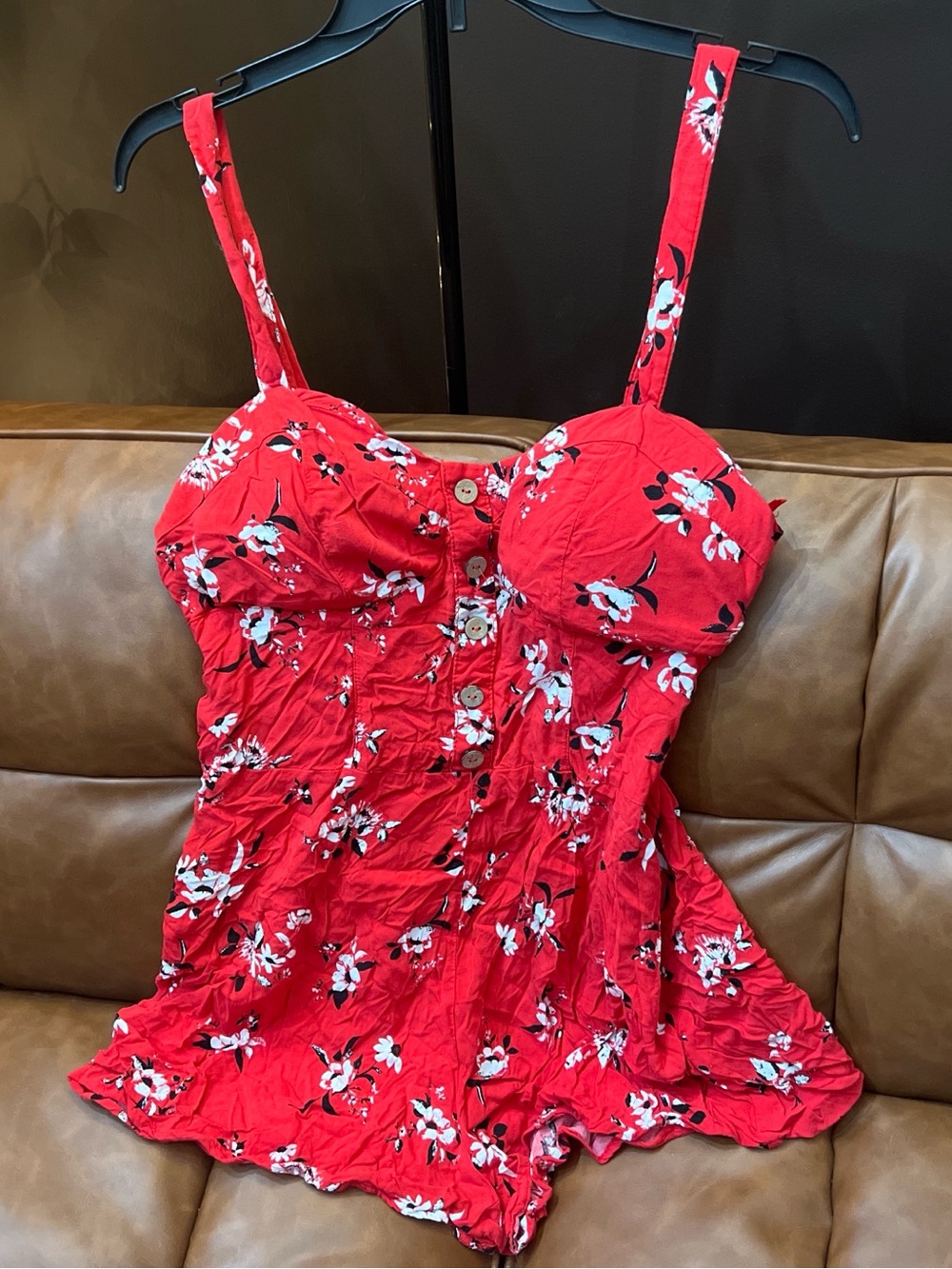 Rue21 Red Floral Romper with Button Front